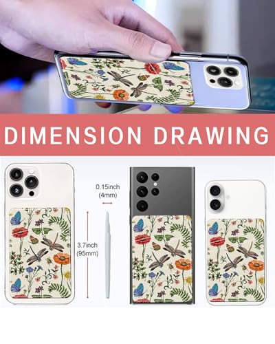 Phone Card Holder, Dual Pocket Leather Phone Wallet Adhesive Stick On, Cute Card Holder, Credit Card Holder for Phone Case Retro Insects And Flowers - color: Retro Insects And Flowers