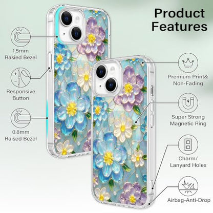 for iPhone 13 Mini 5.4" Magnetic Case【Compatible with MagSafe】 Aesthetic Oil Painting Stained Glass Flower Design, Slim Fit Hard PC Back Shockproof Cute Clear Phone Cover, Blue Purple - color: Blue Purple, size: iPhone 13 Mini