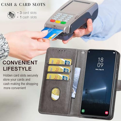 Wallet Case for Samsung Galaxy S23 FE, Gray Flower | Women Flip Folio Cover, Embossed PU Leather, Stand, Credit Card Holders Slots, Wrist Strap - color: 6