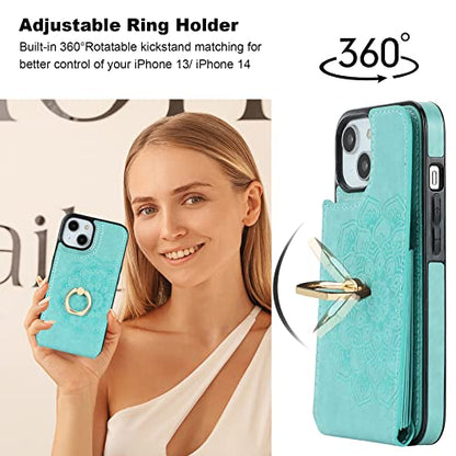 HAOPINSH for iPhone 13/ iPhone 14 Wallet Case with Card Holder, 360°Rotation Ring Kickstand, Green Mandala Pattern, RFID Blocking Leather for Girls Women, Double Buttons Flip Protective Cover 6.1" - color: Green Mandala