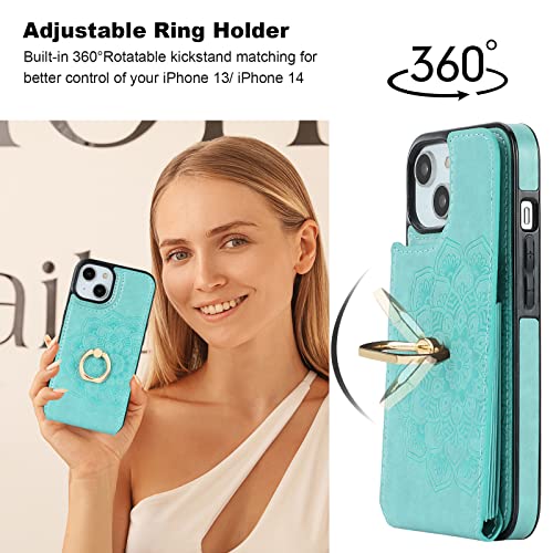 HAOPINSH for iPhone 13/ iPhone 14 Wallet Case with Card Holder, 360°Rotation Ring Kickstand, Green Mandala Pattern, RFID Blocking Leather for Girls Women, Double Buttons Flip Protective Cover 6.1" - color: Green Mandala