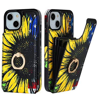 HAOPINSH for iPhone 13/ iPhone 14 Wallet Case with Card Holder, 360°Rotation Ring Kickstand, American Flag Sunflowers Pattern, RFID Blocking Leather for Girls Women, Double Buttons Flip Cover 6.1" - color: American Flag Sunflowers