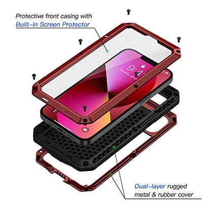 Lanhiem for iPhone 13 Metal Case, Heavy Duty Shockproof Tough Rugged Case with Built-in Glass Screen Protector, 360 Full Body Protective Cover for iPhone 13 6.1 inch, Red - color: Red