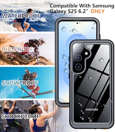 Designed for Samsung Galaxy S25 Case Waterproof, Built-in Lens & Screen Protector Military Shockproof Dropproof IP68 Underwater Full Body Phone Case for Galaxy S25 5G 6.2"-Black (2025) - color: Black