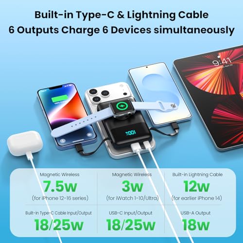 Magnetic Portable Charger for iPhone with Built-in Cable,10800mAh Wireless Power Bank for Magsafe Travel Essential,6-in-1 25W PD Fast Charging USB C Battery Pack for iPhone 17/16/15/14/13, Apple Watch