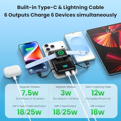 Magnetic Portable Charger for iPhone with Built-in Cable,10800mAh Wireless Power Bank for Magsafe Travel Essential,6-in-1 25W PD Fast Charging USB C Battery Pack for iPhone 17/16/15/14/13, Apple Watch