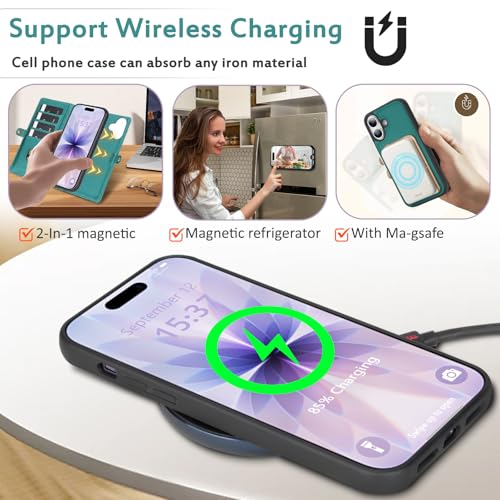 for Wallet Case Compatible with iPhone 17,Multi-Function Detachable 2 in 1 Magnetic iPhone 17 Case Wallet,Flip Strap Zipper Card Holder Phone Case with Shoulder Straps (Green) - color: Green, size: iPhone 17