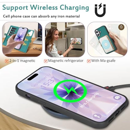 for Wallet Case Compatible with iPhone 17,Multi-Function Detachable 2 in 1 Magnetic iPhone 17 Case Wallet,Flip Strap Zipper Card Holder Phone Case with Shoulder Straps (Green) - color: Green, size: iPhone 17