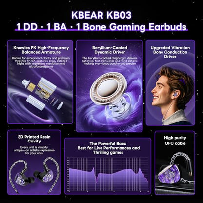 KBEAR Alkaid KB03 in Ear Monitor Headphones, Wired Gaming Earbuds 1DD 1BA 1Bone Conduction Hybrid IEM Earphones, Beryllium-Coated Dynamic, 3D Printed Resin Cavity in Ear Monitor for Musician, Purple - color: Purple