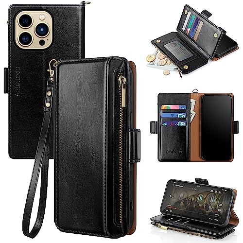 Antsturdy for iPhone 13 Pro Max Phone Wallet Case Women,Black | RFID Blocking,with Credit Card Holder Slots,PU Leather Purse,Zipper Pocket,Wrist Strap Kickstand,Flip Folio Cover for Men - color: A-Black