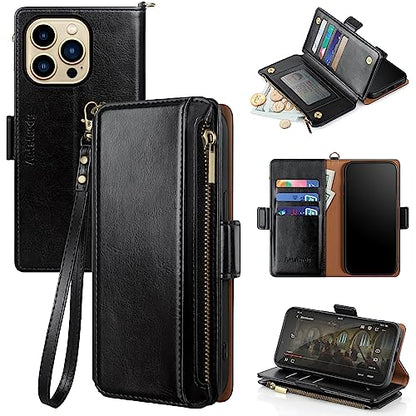 Antsturdy for iPhone 13 Pro Max Phone Wallet Case Women,Black | RFID Blocking,with Credit Card Holder Slots,PU Leather Purse,Zipper Pocket,Wrist Strap Kickstand,Flip Folio Cover for Men - color: A-Black