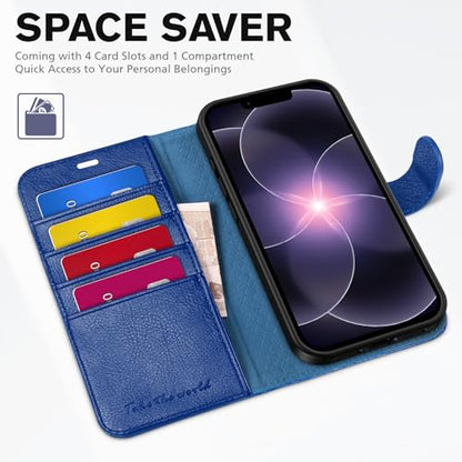 TUCCH Wallet Case for iPhone 17e & iPhone 16e 6.1", Flip Stand, Klein Blue | RFID Blocking, 4 Card Holders, Kickstand, PU Leather, Shockproof TPU Shell, Magnetic Closure, Protective Folio Cover - color: Klein Blue - Textured