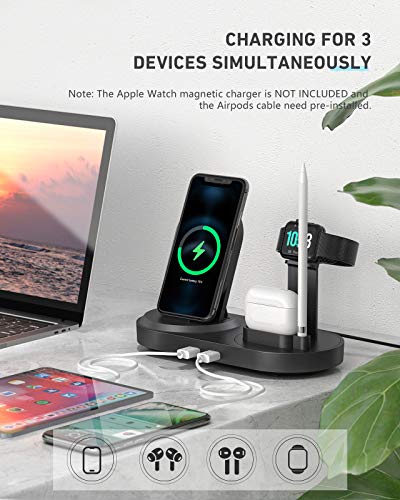 4 in 1 Wireless Charging Station, Fast Charging Dock Stand with 2 USB Ports for Apple Watch, AirPods, Cell Phones, Wireless Charger Compatible with iPhone 12/13/14/15/16 (Gary)