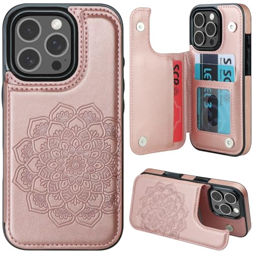 MMHUO for iPhone 16 Pro Case with Card Holder,Flower Magnetic Buttons Protective Wallet Case for Women for iPhone 16 Pro (6.3 Inch),Rose Gold - color: Rose Gold, size: for iPhone 16 Pro 6.1"-(S)(Three Cameras)