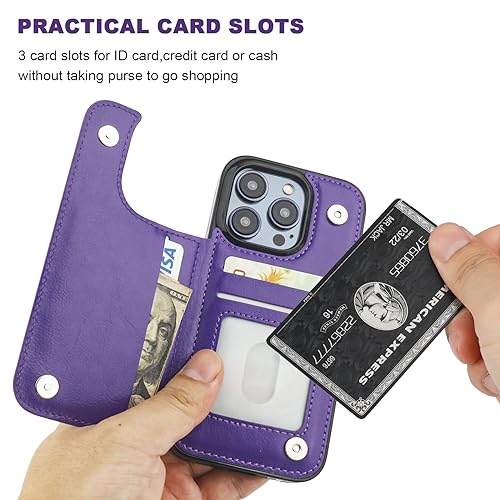 ONETOP for iPhone 15 Pro Wallet Case with Credit Card Holder,Purple | Kickstand,ID/Cash Holder,Case Wallet with Card Slots,Double Magnetic Clasp,Durable PU Leather Shockproof Cover for Women Men - color: Purple