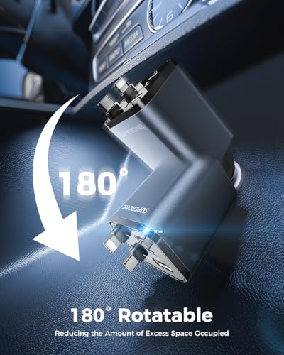 2026 Compact SUPERONE Retractable Car Charger with USB C & Apple Cables - color: Gray, size: 5 Ports