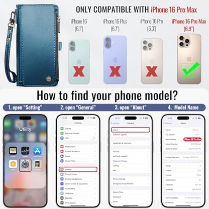 Defencase for iPhone 16 Pro Max Wallet Case with RFID Card Holder, DarkBlue | Durable Soft PU Leather, with Zipper Pocket, Wrist Strap, Fashion Snap Flip Phone Cases Cover with Stand for Women and Men - color: Dark Blue