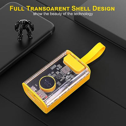 Portable Charger 10000mAh,22.5W Fast Charging Small Power Bank,Transparent External Battery Pack,Input/Output External USB C Portable Phone Charger for iPhone iPad Samsung Android Cellphone (Yellow) - color: Yellow