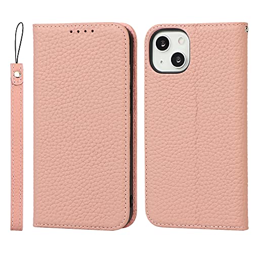 iCoverCase Compatible with iPhone 13 Wallet Case with Credit Card Holder and Wrist Strap, RFID Blocking Genuine Leather Flip Magnetic Phone Cover 6.1 Inch (Pink) - color: 1-Pink (No Headphone Storage Belt), size: iPhone 13