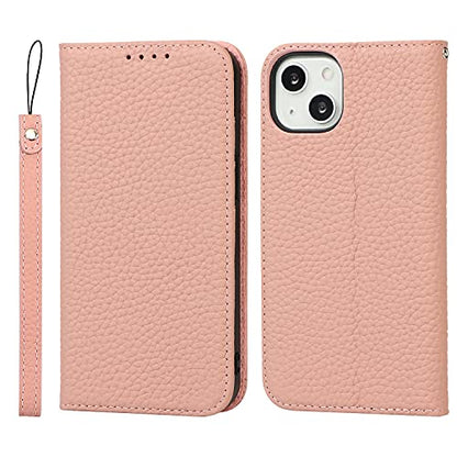 iCoverCase Compatible with iPhone 13 Wallet Case with Credit Card Holder and Wrist Strap, RFID Blocking Genuine Leather Flip Magnetic Phone Cover 6.1 Inch (Pink) - color: 1-Pink (No Headphone Storage Belt), size: iPhone 13