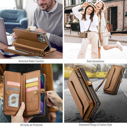Strapurs Wallet Case Compatible with iPhone 13 RFID Blocking 7-Card Holder Soft PU Leather Magnetic Snap Shoulder Strap Zipper Pocket Phone Case Fit for iPhone 13 for Women 6.1" - Brown | RFID Blocking 7-Card Holder, Shoulder Lanyard, Wirst Strap, Zipper