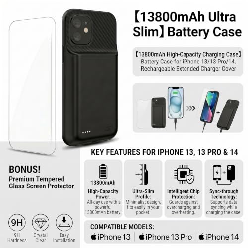 Battery Case for iPhone 13/13Pro/14, 13800 mAh Ultra-Thin Protective Charging case, Portable Rechargeable Expandable Battery Charger, Compatible with iPhone 13/13Pro/14 (6.1 inches), Black