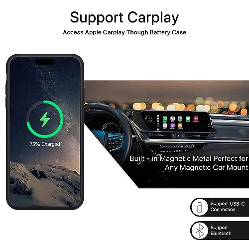 Battery Case for iPhone 15, 10000mAh High Capacity Rechargeable Portable Protective Extended Charger Case Wireless Charging Compatible with iPhone 15 (6.1 inch) Charging Case & Carplay (Black) - size: iPhone 15