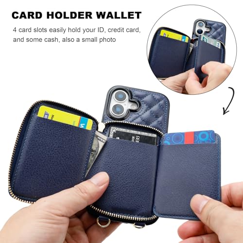 Bocasal Crossbody Wallet Case Card Holder for iPhone 17, Dark Blue | RFID Blocking PU Leather Zipper Handbag Purse, Kickstand Flip Folio Case with Card Slots Holder Wrist Strap Lanyard 6.3 Inch - color: Dark Blue