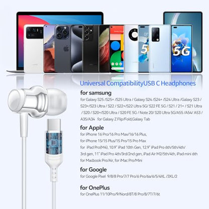 USB C Headphones Wired Earbuds for Samsung Galaxy S26 S25 S24 A57 iPhone 17 - color: White