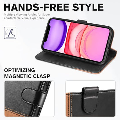 TUCCH Wallet Case for iPhone 11 (6.1") 2019, 3 Card Holders, Black & Brown | RFID Blocking, Viewing Stand, Shockproof TPU Shell, PU Leather, Magnetic Closure, Protective Folio Flip Cover - color: Black & Brown