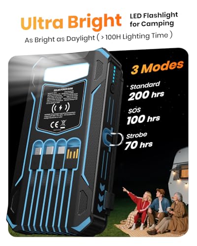 SOARAISE Solar Power Bank 48000mAh Wireless Battery Pack with 4 Cables