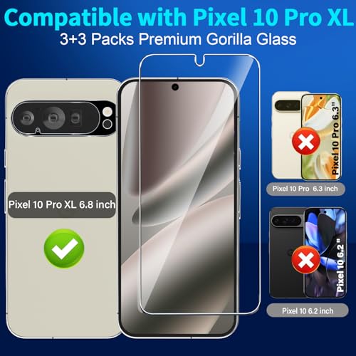 letosan 3 Pack for Google Pixel 10 Pro XL Screen Protector Tempered Glass + 3 Pack Camera Lens Protector, Military Grade Shatterproof, 9H Hardness, Fingerprint Unlock,Case Friendly 6.8 Inch - size: Pixel 10 Pro XL-6.8 Inch