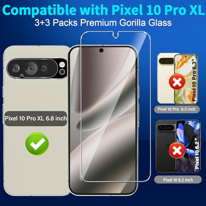 letosan 3 Pack for Google Pixel 10 Pro XL Screen Protector Tempered Glass + 3 Pack Camera Lens Protector, Military Grade Shatterproof, 9H Hardness, Fingerprint Unlock,Case Friendly 6.8 Inch - size: Pixel 10 Pro XL-6.8 Inch