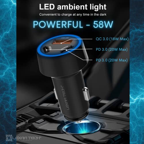 USB C Car Charger Fast Charging - LEXAA TECH 58W USB Car Charger Adapter Dual Port PD&QC 3.0 Compatible with iPhone 16 15 14 13 12 Pro Max X XR XS Samsung Galaxy Note 20/10 S24/S23/22/21 Google