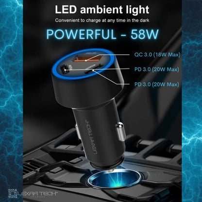 USB C Car Charger Fast Charging - LEXAA TECH 58W USB Car Charger Adapter Dual Port PD&QC 3.0 Compatible with iPhone 16 15 14 13 12 Pro Max X XR XS Samsung Galaxy Note 20/10 S24/S23/22/21 Google