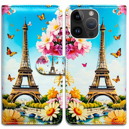 RFID Safe Case for iPhone 15 Pro Max,RFID Blocking,Eiffel Tower Butterfly Flowers Leather Flip Phone Case Wallet Cover with Card Slot Holder Kickstand for iPhone 15 Pro Max - color: Eiffel Tower Butterfly Flowers