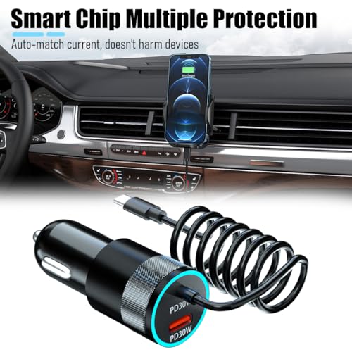 Ankuee USB C Car Charger, PD30W Vehicle Cigarette Lighter Adapter with Built-in Type C Fast Charging Cable, Automotive USB C Charging Adapter, Universal for SUV Automobile Truck