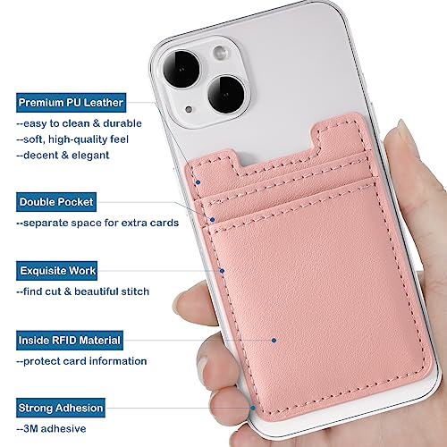 Phone Card Holder Stick on,2Pack Phone Wallet for Back of Phone Case, Leather Credit Card Holder for Cell Phone Sticky Wallet RFID Double Pocket Sticker for iPhone, Android, Samsung-Pink,Blue - color: Pink,Blue