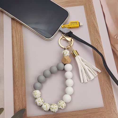 Phone Lanyard Silicone Beaded Phone Wrist Strap Cute Elastic Cell Phone Wristlet Chain Bracelet with 2 Tether Tab - color: White