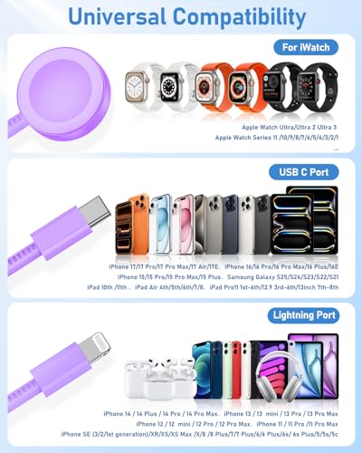 for Apple Watch Charger Fast Charging 6FT, 3 in 1 Multi Charging Cable with USB C iPhone iWatch Charger for Apple iWatch Series 11/10/9/8/7/Ultra3/Ultra 2/SE/6/5/4/iPhone 17/16/15/14/13/12/11-Purple - color: Purple