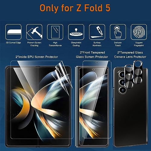 [6 in 1 Tempered Glass Front Screen Protector for Samsung Galaxy Z Fold 5+ Inner Soft TPU Film Shields Big Screen+ Camera Lens Protector [Scratch Resistant] [Bubble Free] - size: 6 in 1