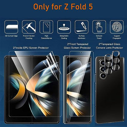 [6 in 1 Tempered Glass Front Screen Protector for Samsung Galaxy Z Fold 5+ Inner Soft TPU Film Shields Big Screen+ Camera Lens Protector [Scratch Resistant] [Bubble Free] - size: 6 in 1