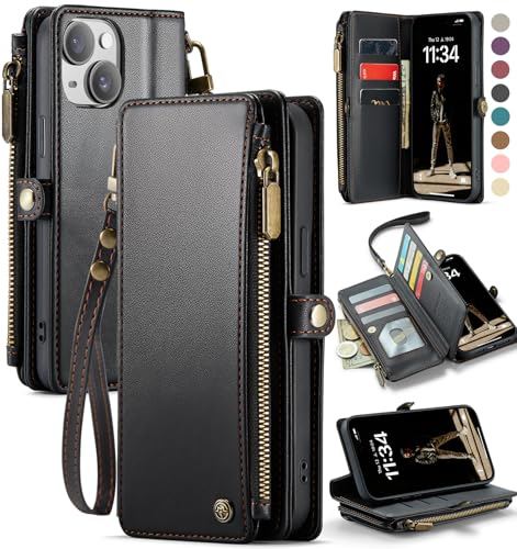 Defencase for iPhone 15 Plus Wallet Case with RFID Card Holder, Black | Durable Soft PU Leather, with Zipper Pocket, Wrist Strap, Fashion Snap Flip Phone Cases Cover with Stand for Women and Men - color: Black