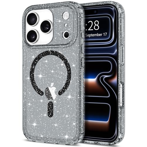 Hython for iPhone 17 Pro Case Glitter, Clear Glitter Sparkly Shiny Bling Sparkle Cute Cover, Anti-Scratch Soft TPU Thin Slim Fit Shockproof Protective Phone Cases for Women Girls, Magnetic Black - color: Magnetic Black, size: For Iphone 17 Pro - 6.3 Inch