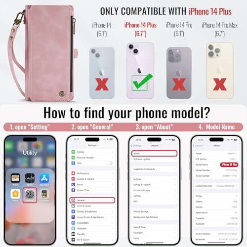 Defencase for iPhone 14 Plus Wallet Case with RFID Card Holder, Rose Pink | Durable Soft PU Leather, with Zipper Pocket, Wrist Strap, Fashion Snap Flip Phone Cases Cover with Stand for Women and Men - color: Rose Pink