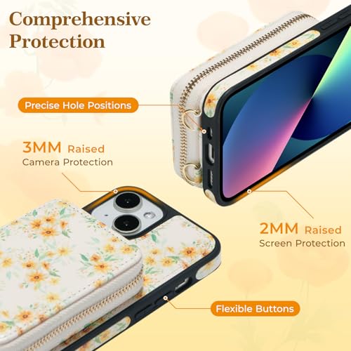ZCDAYE Zipper Crossbody Wallet Case for iPhone 13/14, Sunflower | Flip Folio PU Leather, Practical Card Holder, Adjustable Lanyard Strap, RFID Blocking, Warm Sunflower Girly Phone Case - color: Sunflower, size: iPhone 13/14