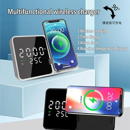 Multi-Function Wireless Charging Station with Digital Clock & Thermometer, 15W Fast Qi-Certified Charger, Alarm Clock, Fixed Stand Compatible with All Qi-Enabled Phones-W5 White - color: Multi Functional Alarm Clock W5 White