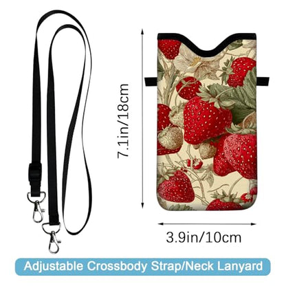 Neoprene Cell Phone Sleeve Pouch Case Bag with Crossbody Strap Neck Lanyard for Women 7.1 X 3.9 in Green Leaf Strawberry - color: Green Leaf Strawberry