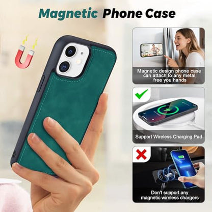 TwoHead for iPhone 11 Wallet case with 11 Card Holder (Green) | Detachable Magnetic Phone Case, PU Leather Wallet for Women/Men,Wireless Charging Compatible,with Wrist Strap - color: Green