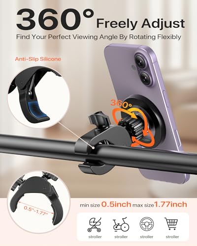 Magnetic Phone Holder Clamp Mount:[24*N55 Magnet] Rotatable Handlebar Accessories for MagSafe for Stroller,Peloton,Steering Wheel,Push Cart,Treadmill,Fit for iPhone 12-17 Series